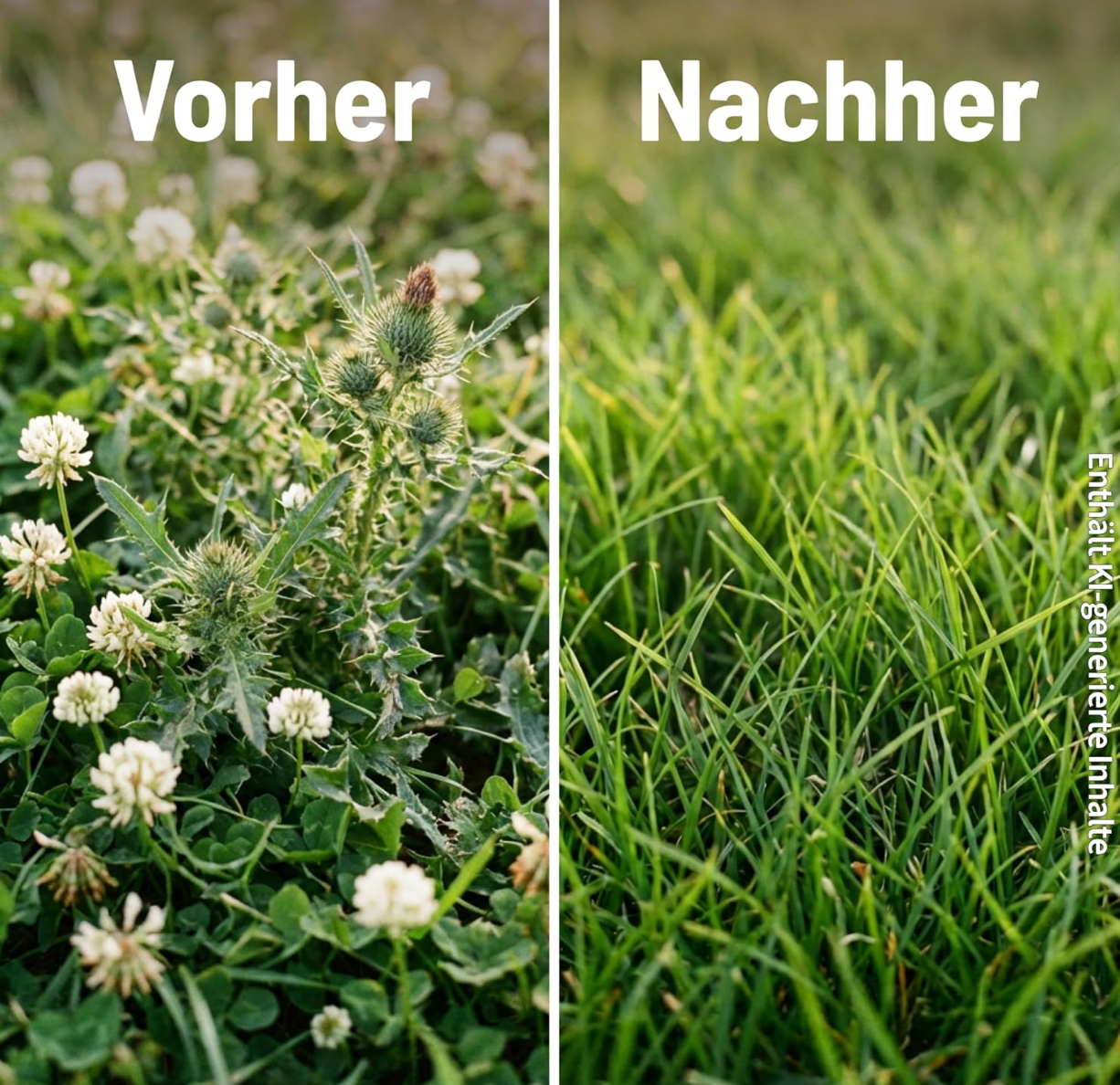 Résultat avant après désherbant Celaflor Weedex sur gazon - élimination mauvaises herbes